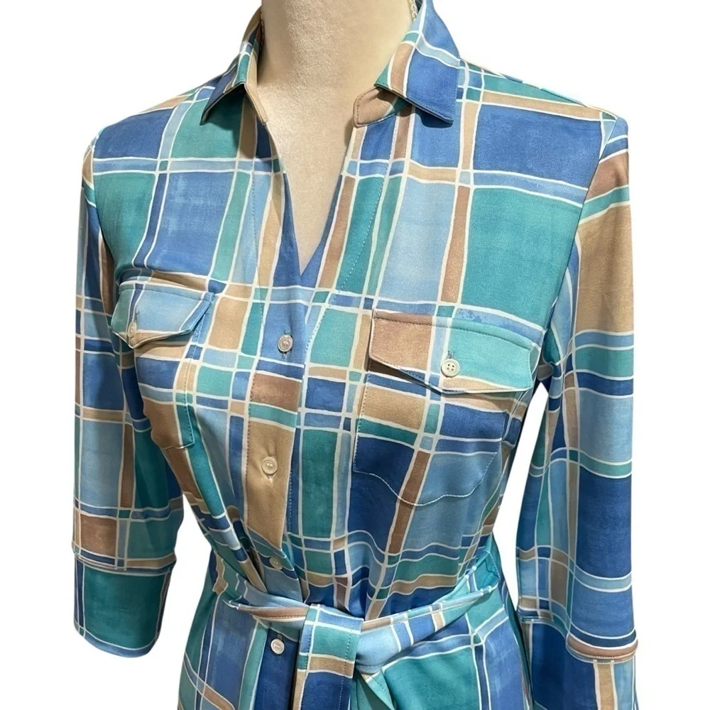 J. McLaughlin Brynn Tile Print Jersey Knit Collared V-Neck 3/4 Sleeve Dress NWT